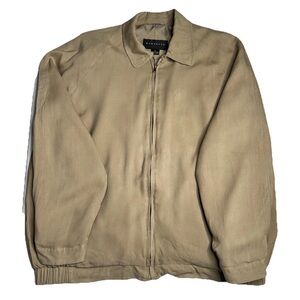 Baracuta Tan Silk Herringbone Collared Zip Up Bomber Jacket Lined XL Vintage